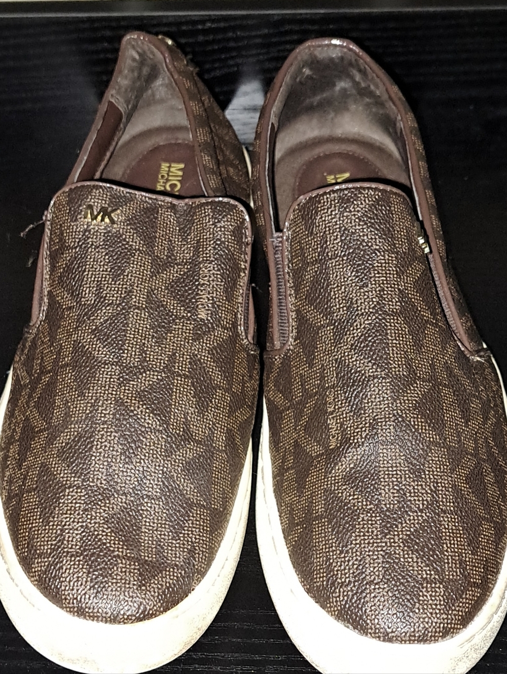 Michael Kors Brown Monogram Slip-On Shoes with Gold Logo